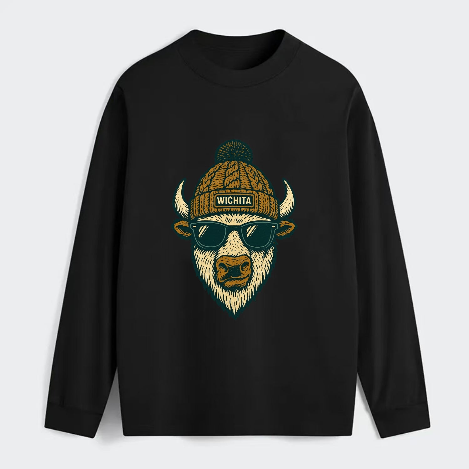 Kansas American Bison wearing Wichita beanie with pom pom and wayfarer - Classic Long Sleeve Shirt - Black