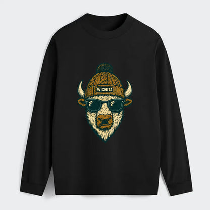 Kansas American Bison wearing Wichita beanie with pom pom and wayfarer - Classic Long Sleeve Shirt - Black
