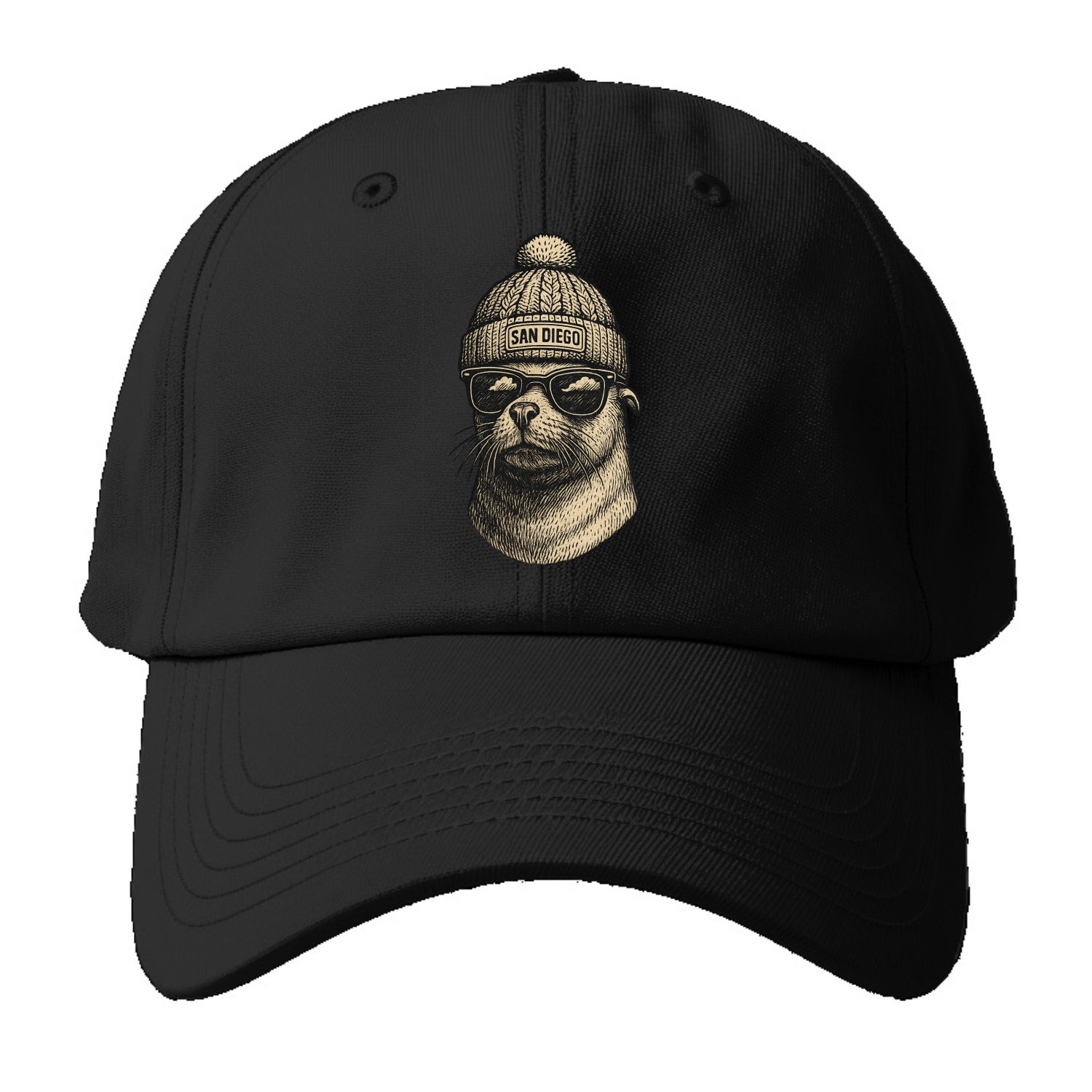 San Diego Sea Lion wearing San Diego beanie with pom pom and wayfarer - Baseball Cap For Big Heads - Black