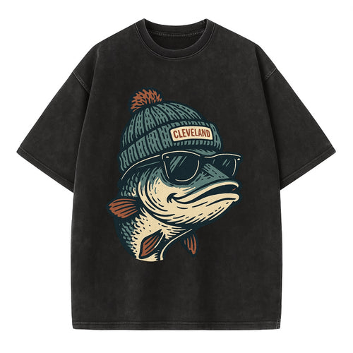 Cleveland Lake Erie Walleye wearing Cleveland beanie with pom pom and wayfarer - Vintage T-shirt