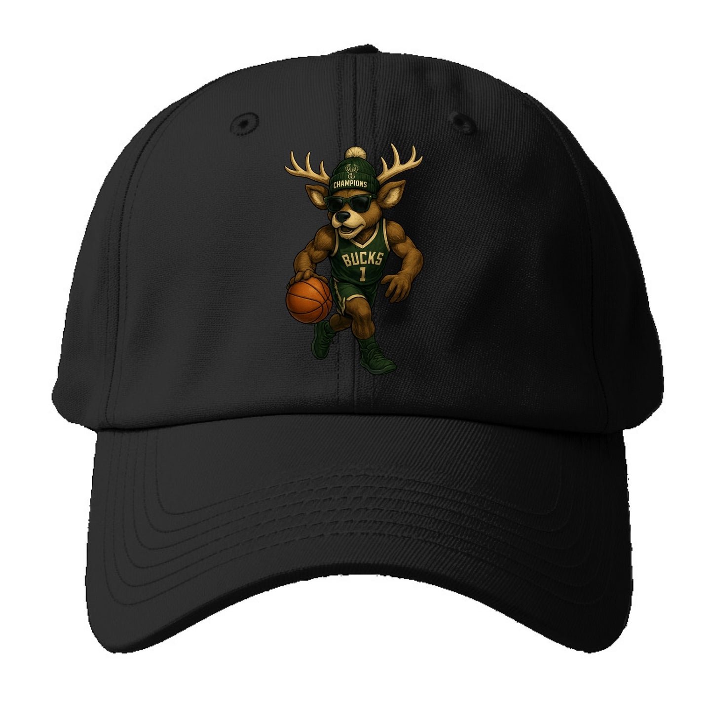Milwaukee Buck Deer wearing Bucks green and cream beanie with antlers and wayfarer - Baseball Cap - Black