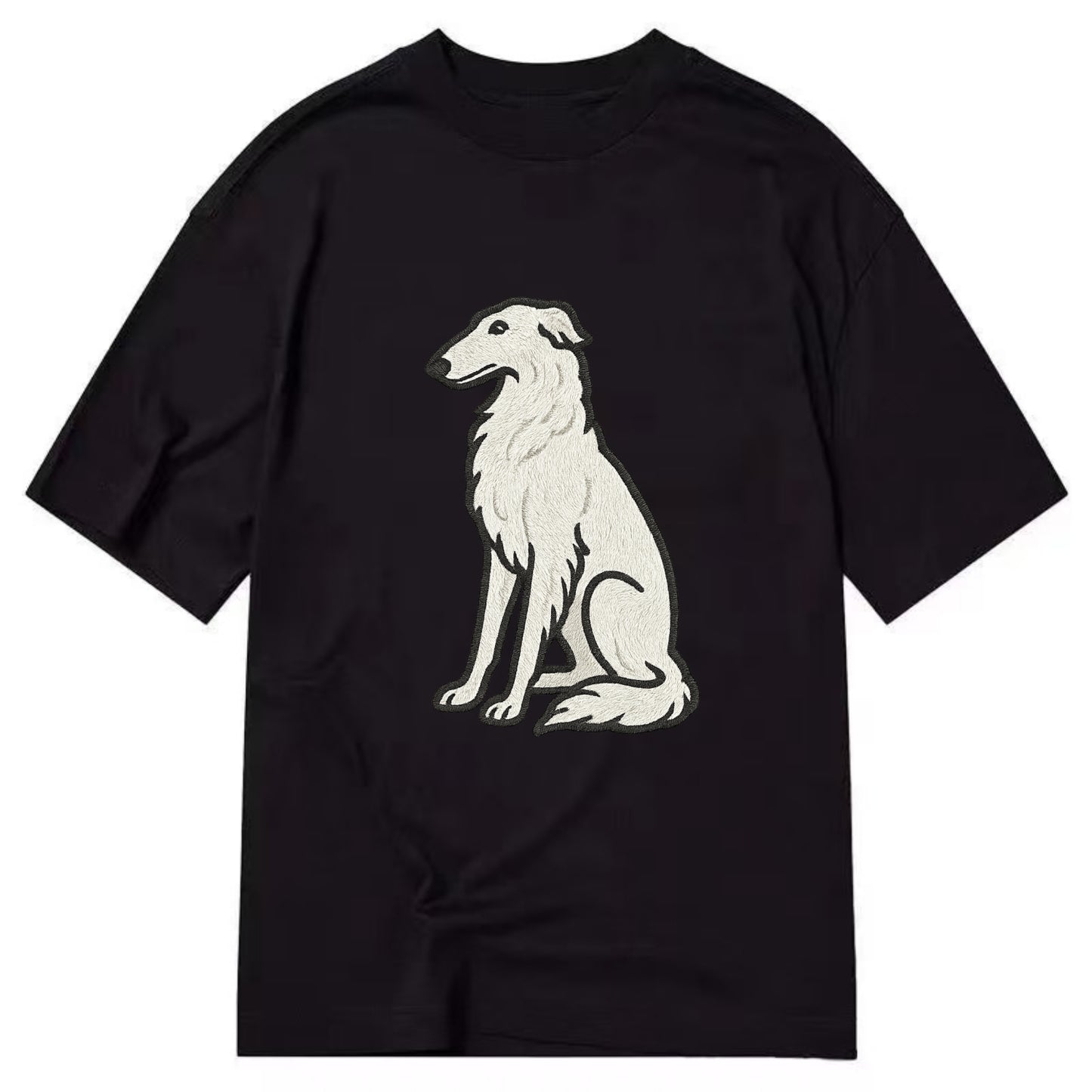 Borzoi - White embroidered sitting pose - Classic T-shirt - Black