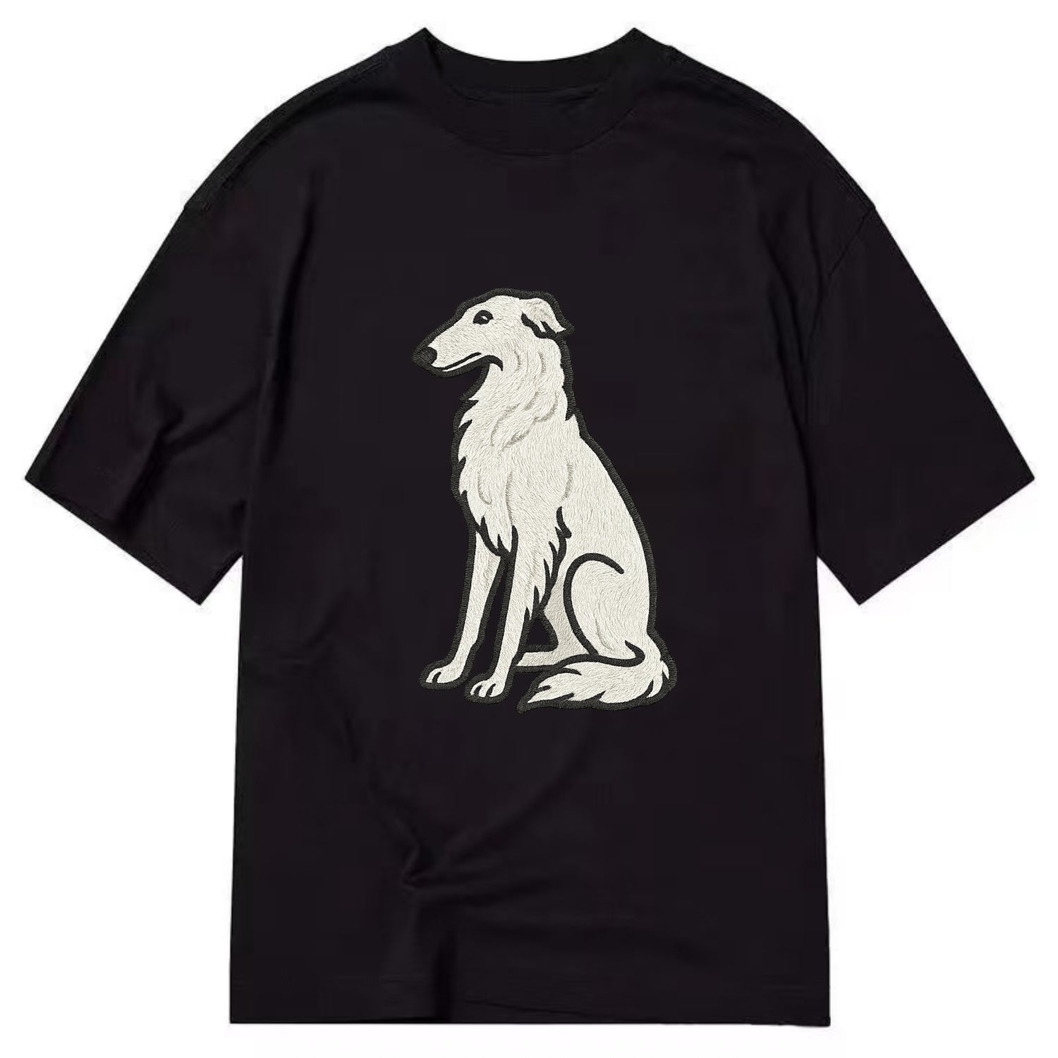 Borzoi - White embroidered sitting pose - Classic T-shirt - Black