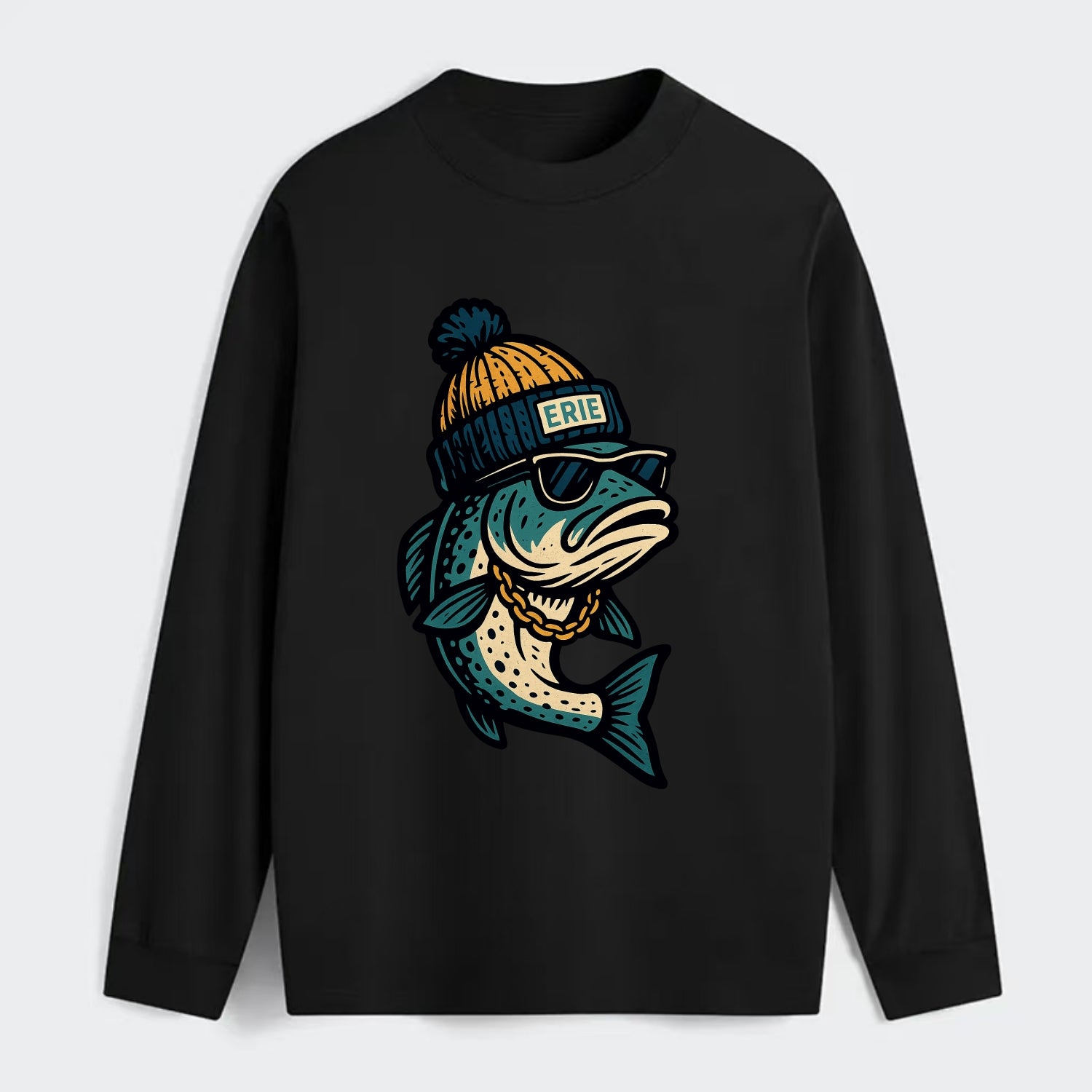 Erie Lake Trout wearing Erie beanie with - Classic Long Sleeve Shirt - Black