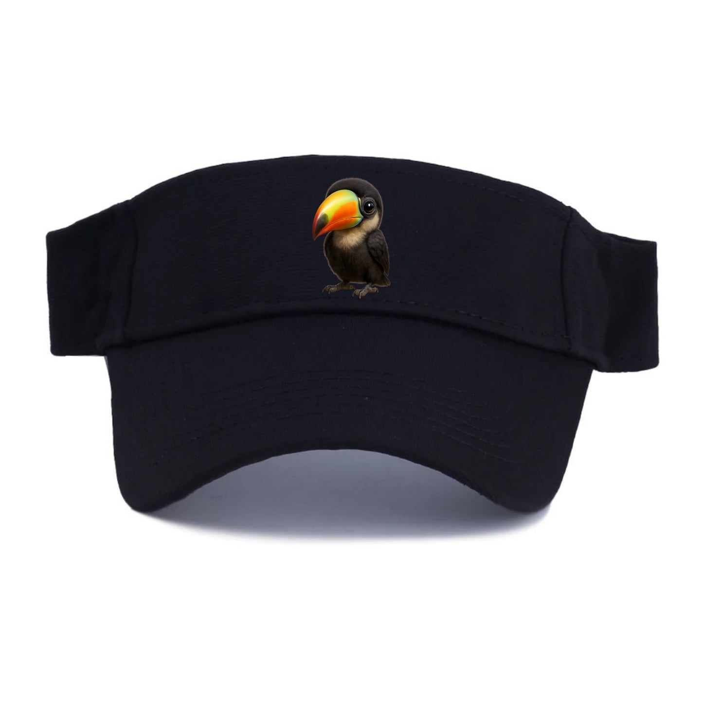 Baby Toucan - oversized colorful beak, black feathers, bright eyes, front-facing, fruit - Visor - Black