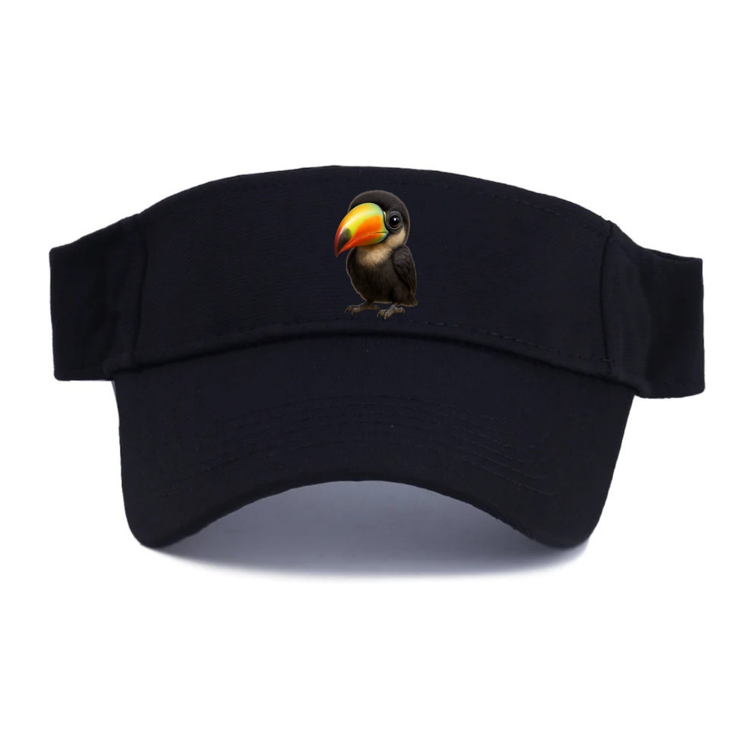 Baby Toucan - oversized colorful beak, black feathers, bright eyes, front-facing, fruit - Visor - Black