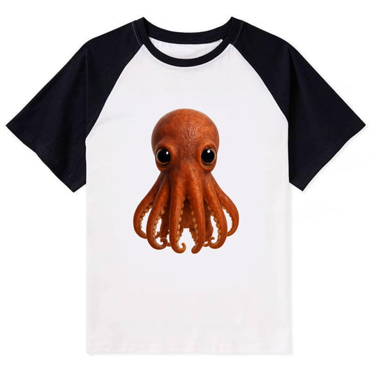 Baby Giant Pacific Octopus - reddish, smaller tentacles, expressive eyes, - Contrast Raglan T-shirt - Black