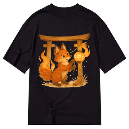Foxfire kitsune stringing lanterns along a torii gate with tails of living flame - Classic T-shirt - Black