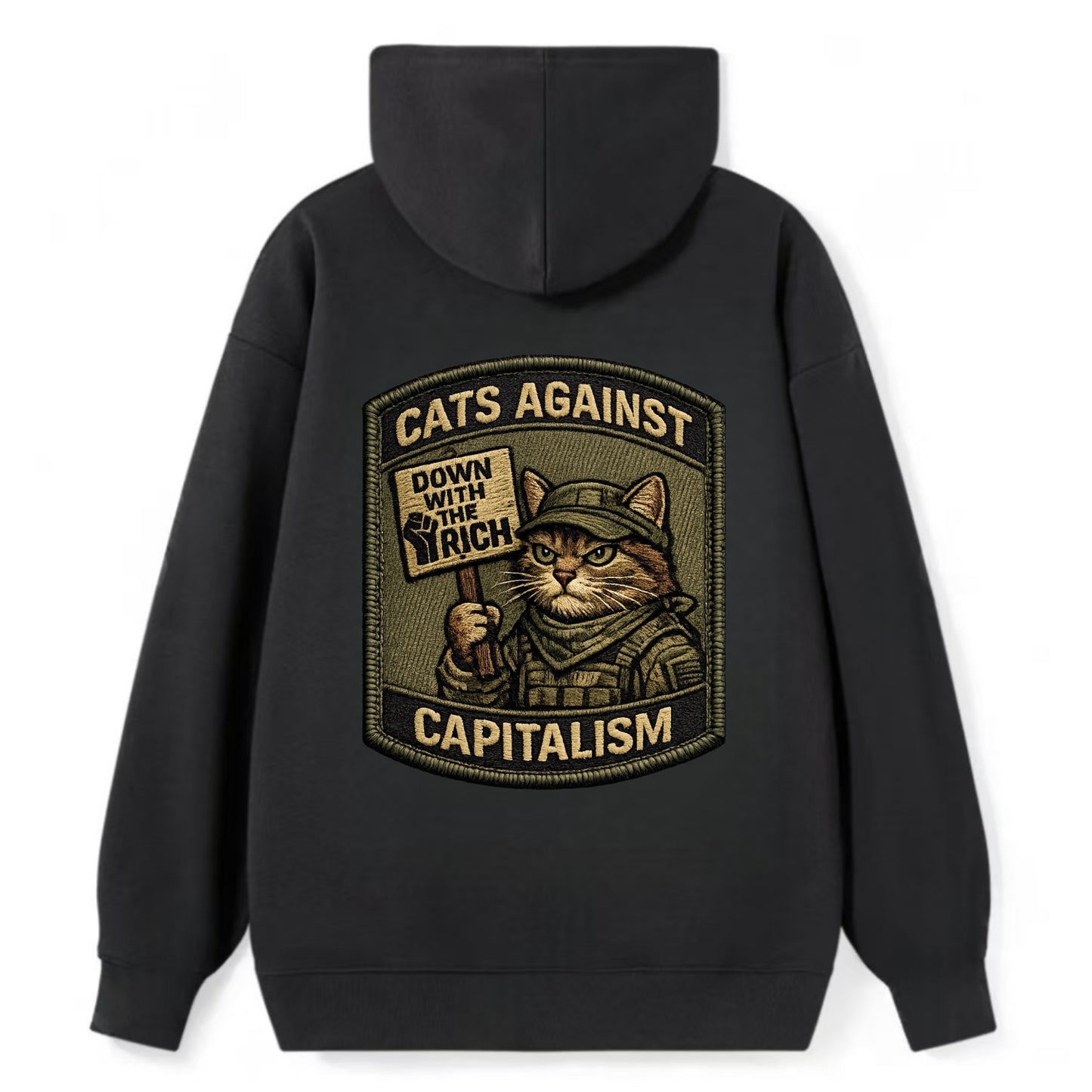 CATS AGAINST CAPITALISM - cat with protest sign in red , political cat - Classic Pullover Hoodie - Black