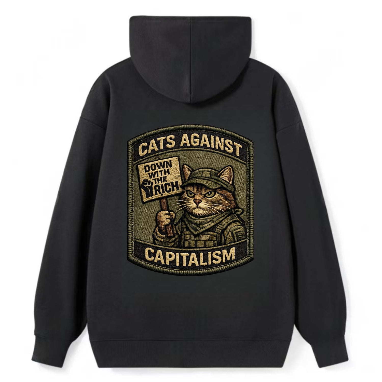 CATS AGAINST CAPITALISM - cat with protest sign in red , political cat - Classic Pullover Hoodie - Black