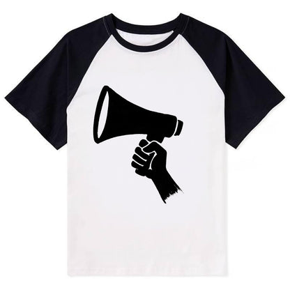 Megaphone silhouette - voice and protest ink brushwork - Contrast Raglan T-shirt - Black