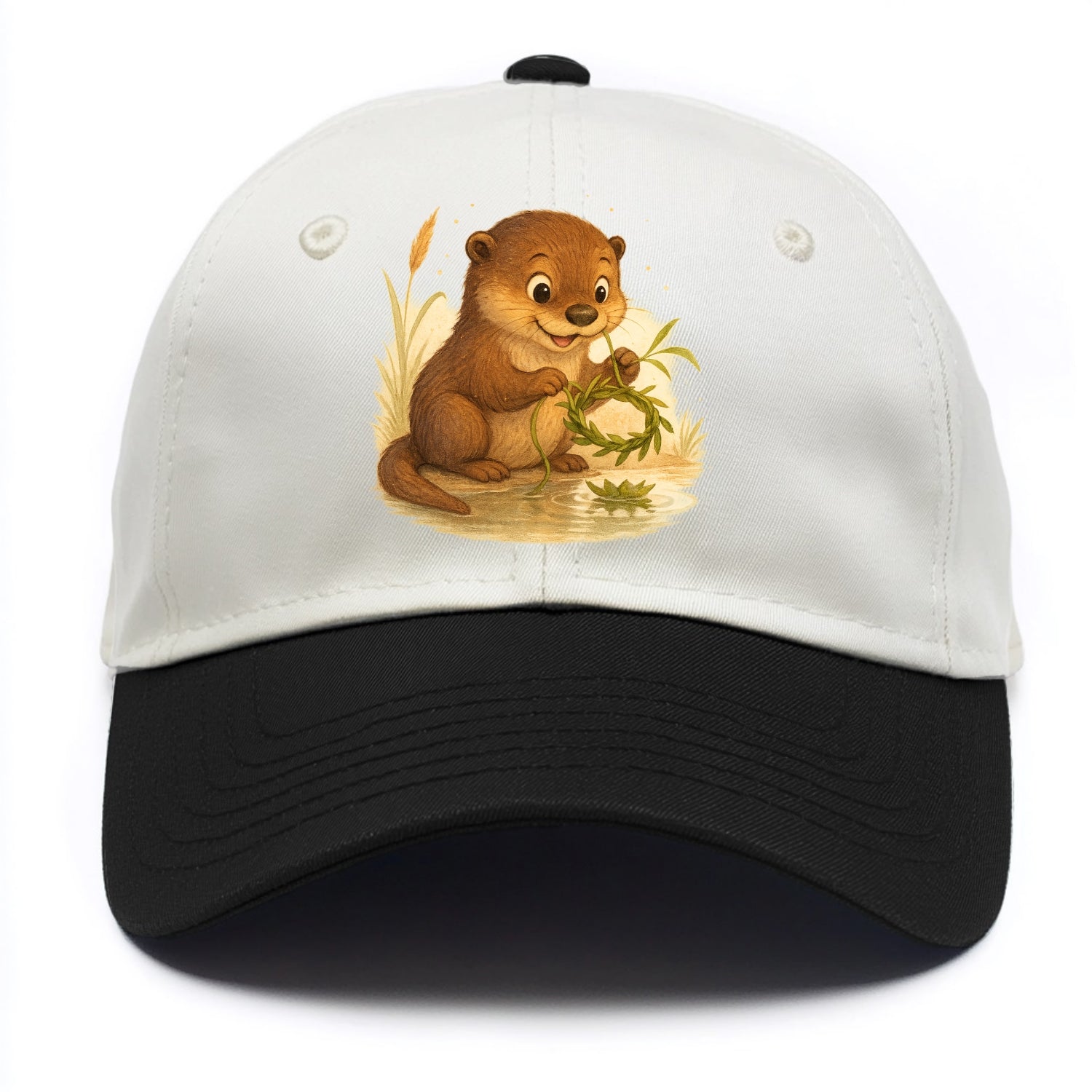 Otter weaving river reeds into a floating crown beside mirror-still water - Two Tone Cap - Black