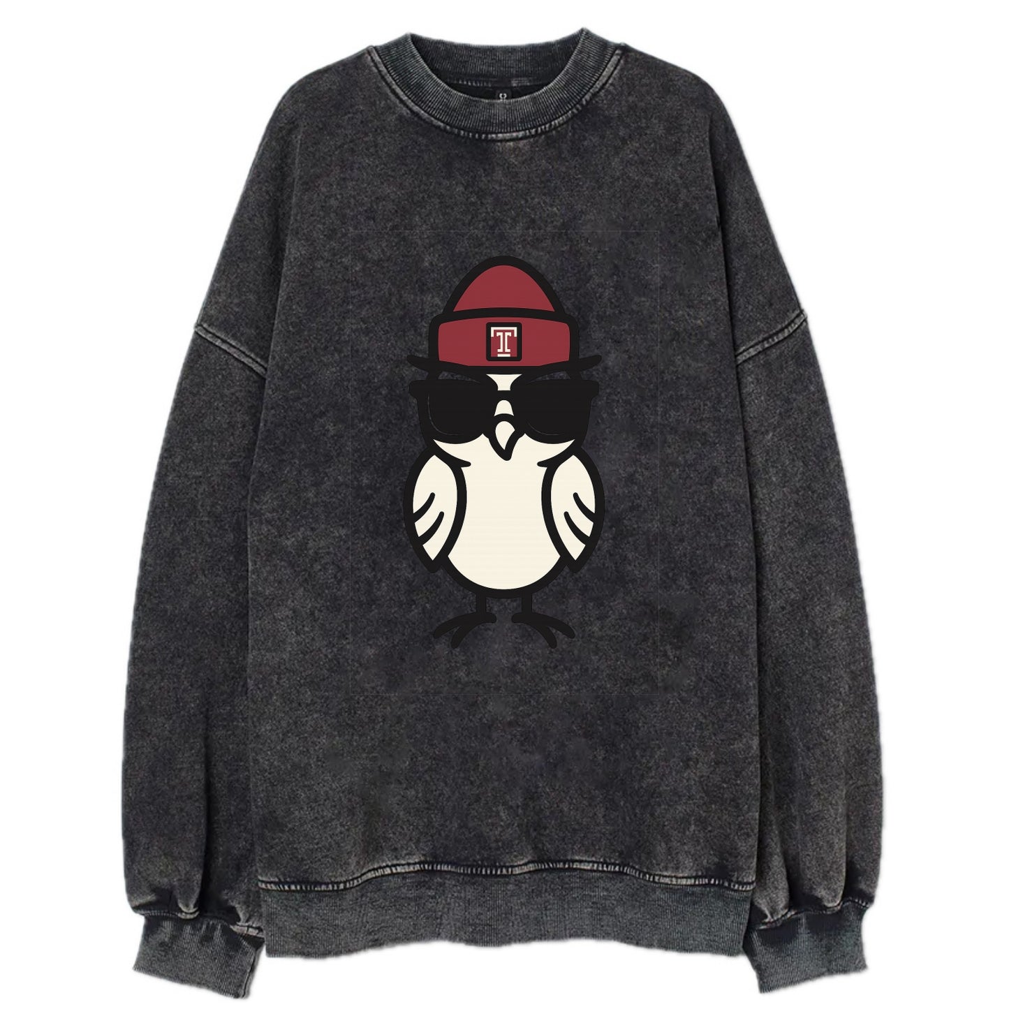 Philadelphia Owl wearing Temple beanie with T patch - Vintage Sweatshirt - Black