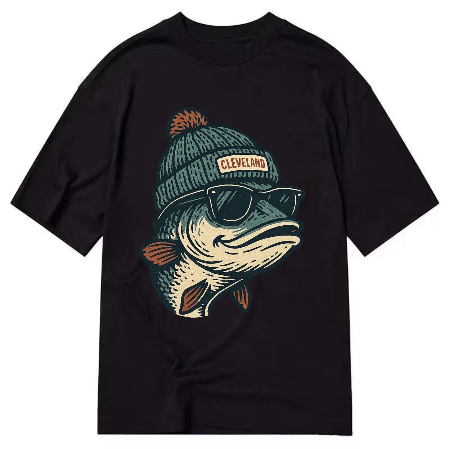 Cleveland Lake Erie Walleye wearing Cleveland beanie with pom pom and wayfarer - Classic T-shirt - Black