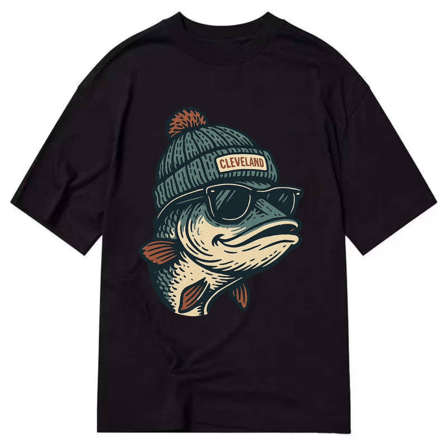 Cleveland Lake Erie Walleye wearing Cleveland beanie with pom pom and wayfarer - Classic T-shirt - Black