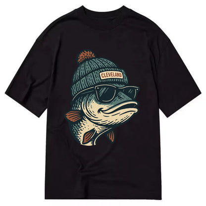 Cleveland Lake Erie Walleye wearing Cleveland beanie with pom pom and wayfarer - Classic T-shirt - Black