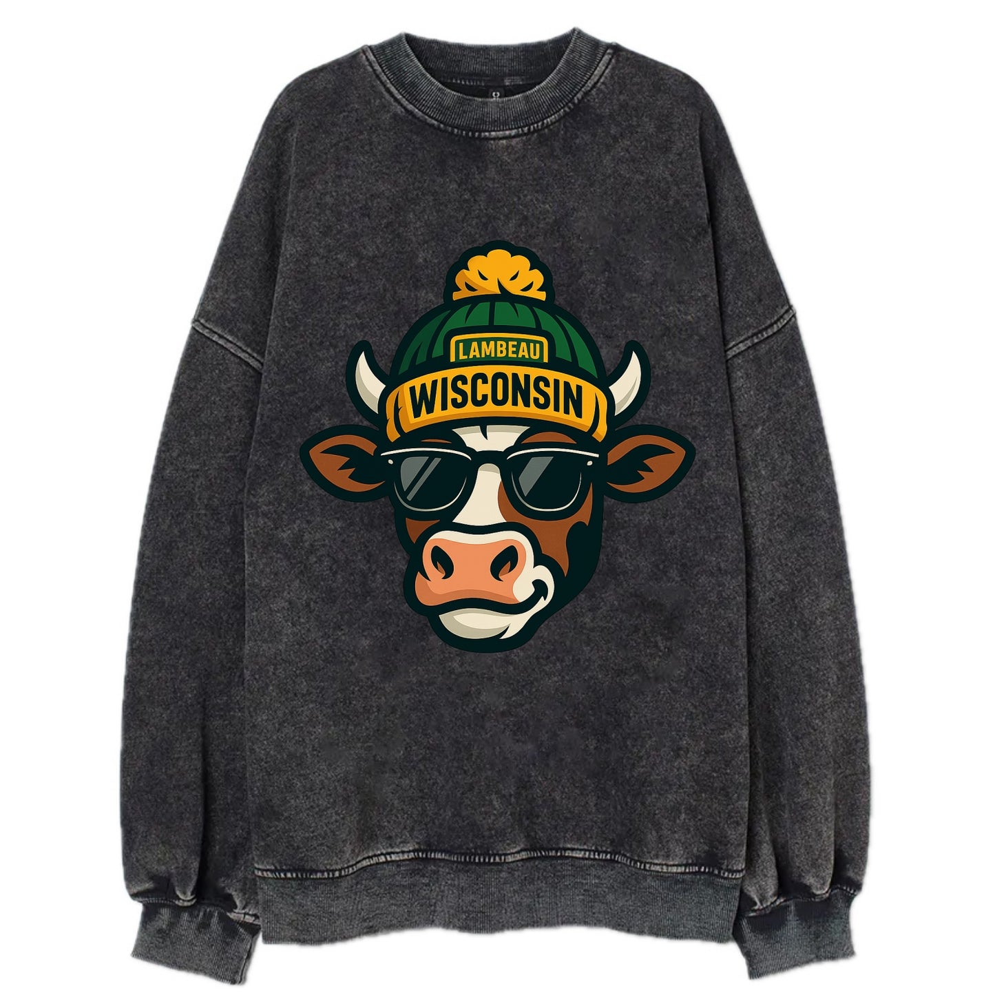 Wisconsin Cow wearing Packers beanie with Lambeau patch and wayfarer sunglasses - Vintage Sweatshirt - Black