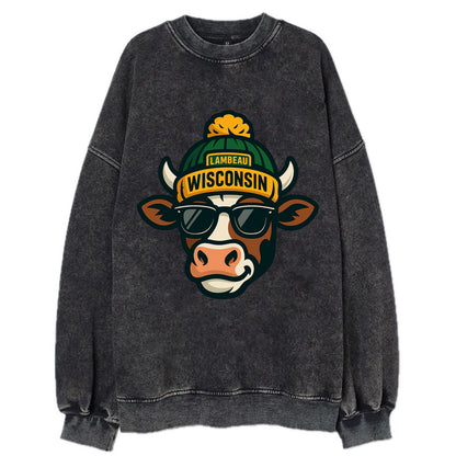 Wisconsin Cow wearing Packers beanie with Lambeau patch and wayfarer sunglasses - Vintage Sweatshirt - Black