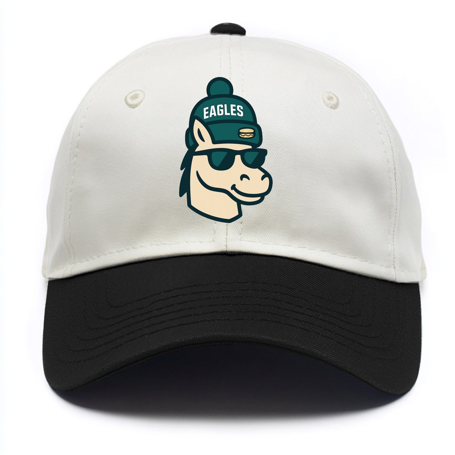 Philadelphia Horse wearing Eagles beanie with cheesesteak patch and wayfarer - Two Tone Cap - Black