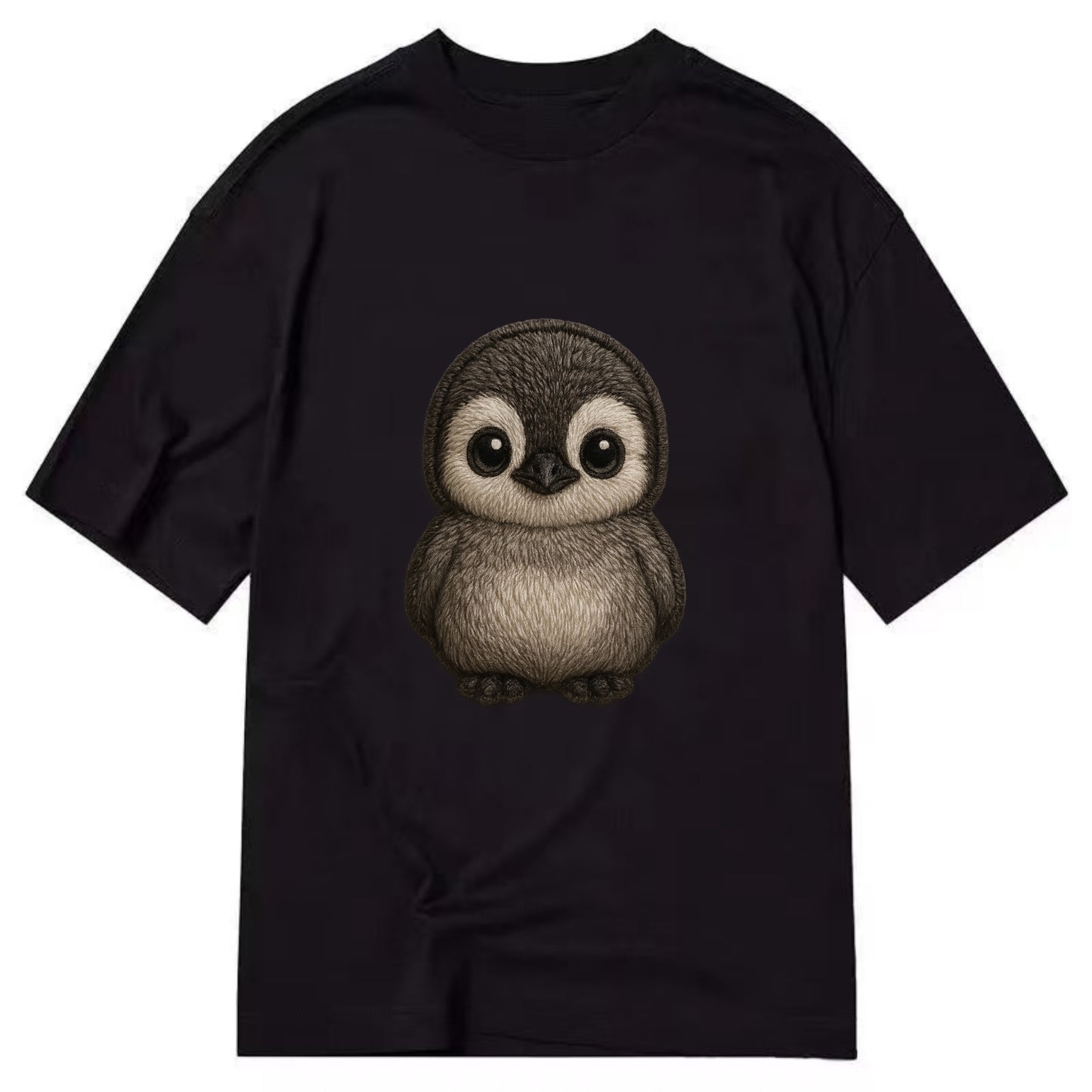 Baby Penguin Chick - gray fluffy, white face, round body, front-facing, tuxedo - Classic T-shirt - Black