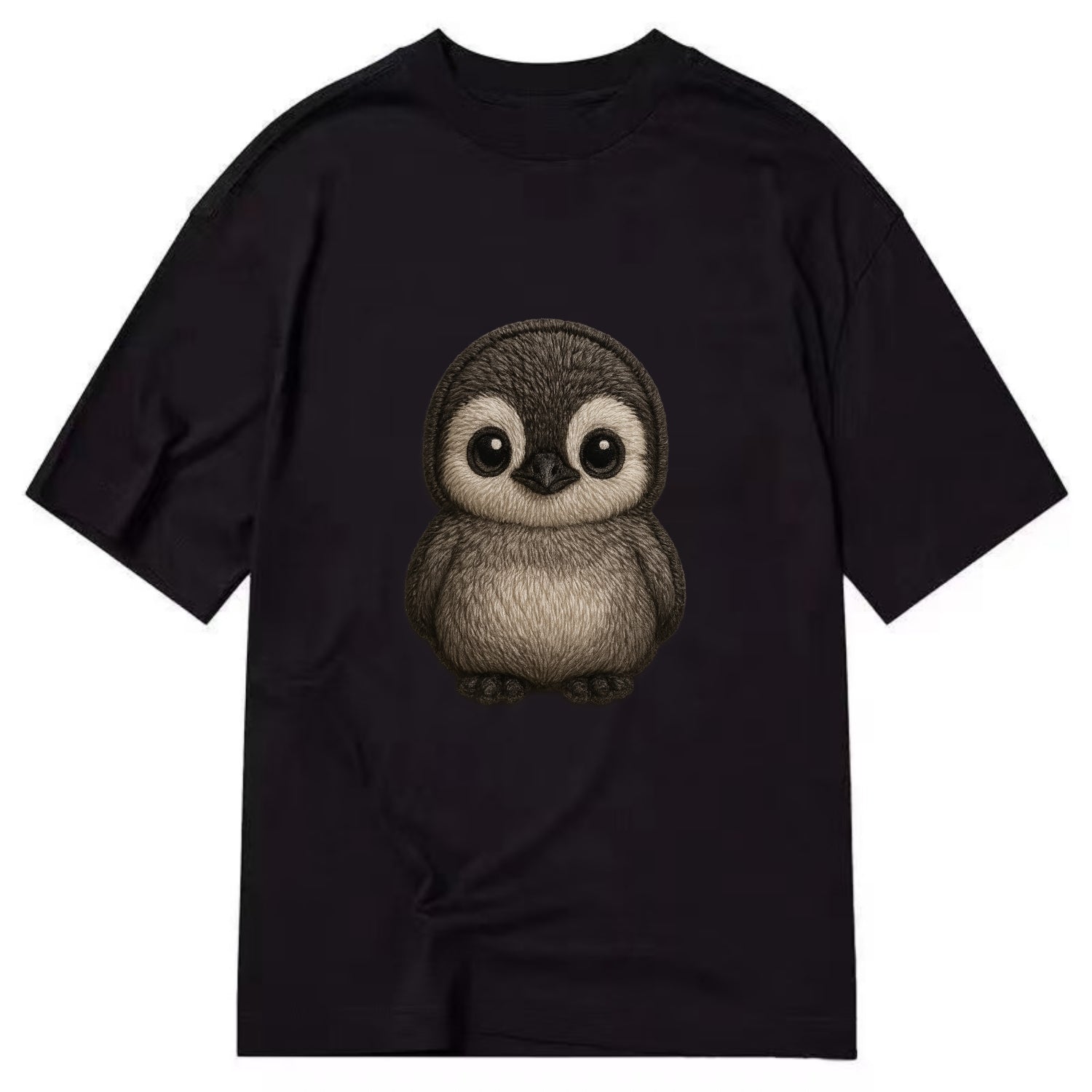 Baby Penguin Chick - gray fluffy, white face, round body, front-facing, tuxedo - Classic T-shirt - Black