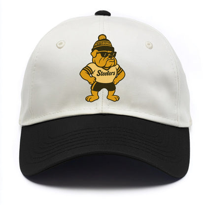 Pittsburgh Bulldog wearing Steelers black and gold beanie with pom pom and wayfarer - Two Tone Cap - Black
