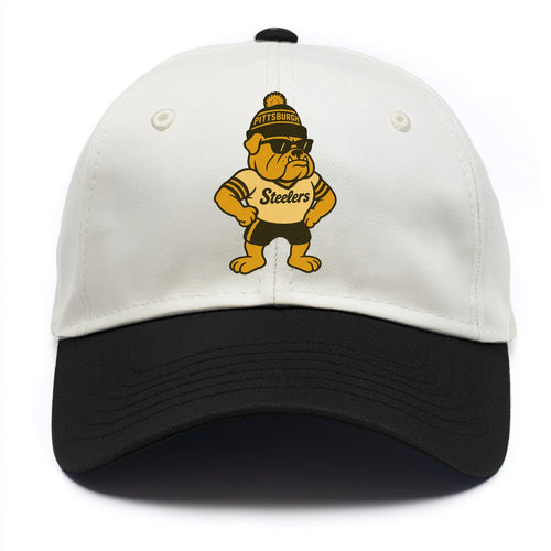 Pittsburgh Bulldog wearing Steelers black and gold beanie with pom pom and wayfarer - Two Tone Cap