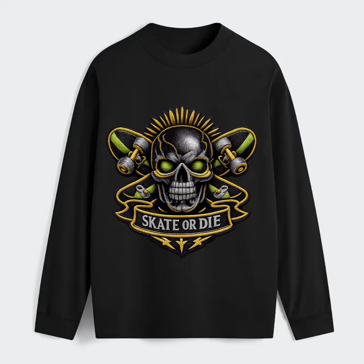 SKATEBOARD SKULL - skull with skateboard in black and neon green , - Classic Long Sleeve Shirt - Black