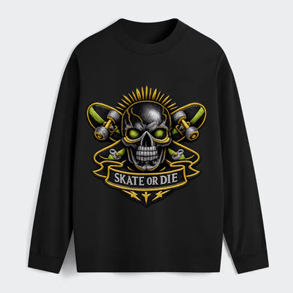 SKATEBOARD SKULL - skull with skateboard in black and neon green , - Classic Long Sleeve Shirt - Black