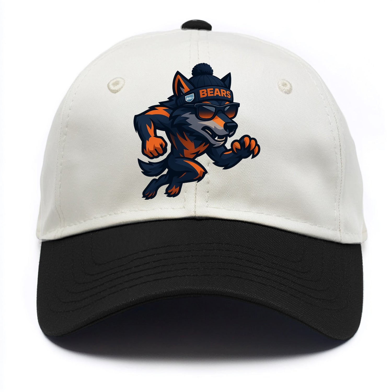 Chicago Wolf wearing Bears beanie with Lake Michigan patch and wayfarer sunglasses - Two Tone Cap - Black