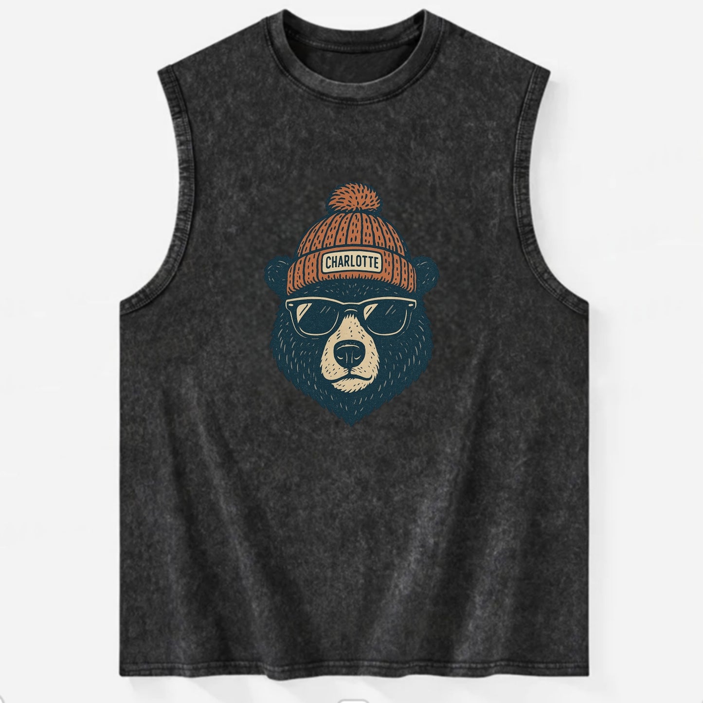 North Carolina Black Bear wearing Charlotte beanie with pom pom and wayfarer - Vintage Washed Tank - Black