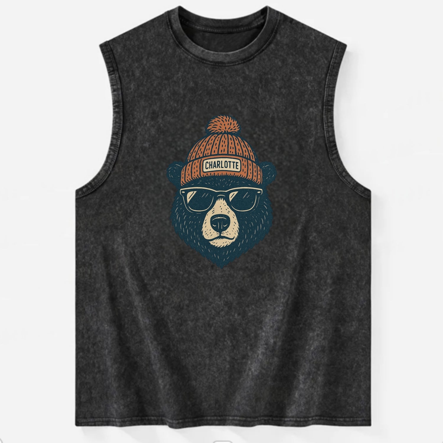 North Carolina Black Bear wearing Charlotte beanie with pom pom and wayfarer - Vintage Washed Tank - Black