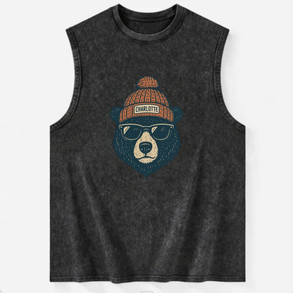 North Carolina Black Bear wearing Charlotte beanie with pom pom and wayfarer - Vintage Washed Tank - Black