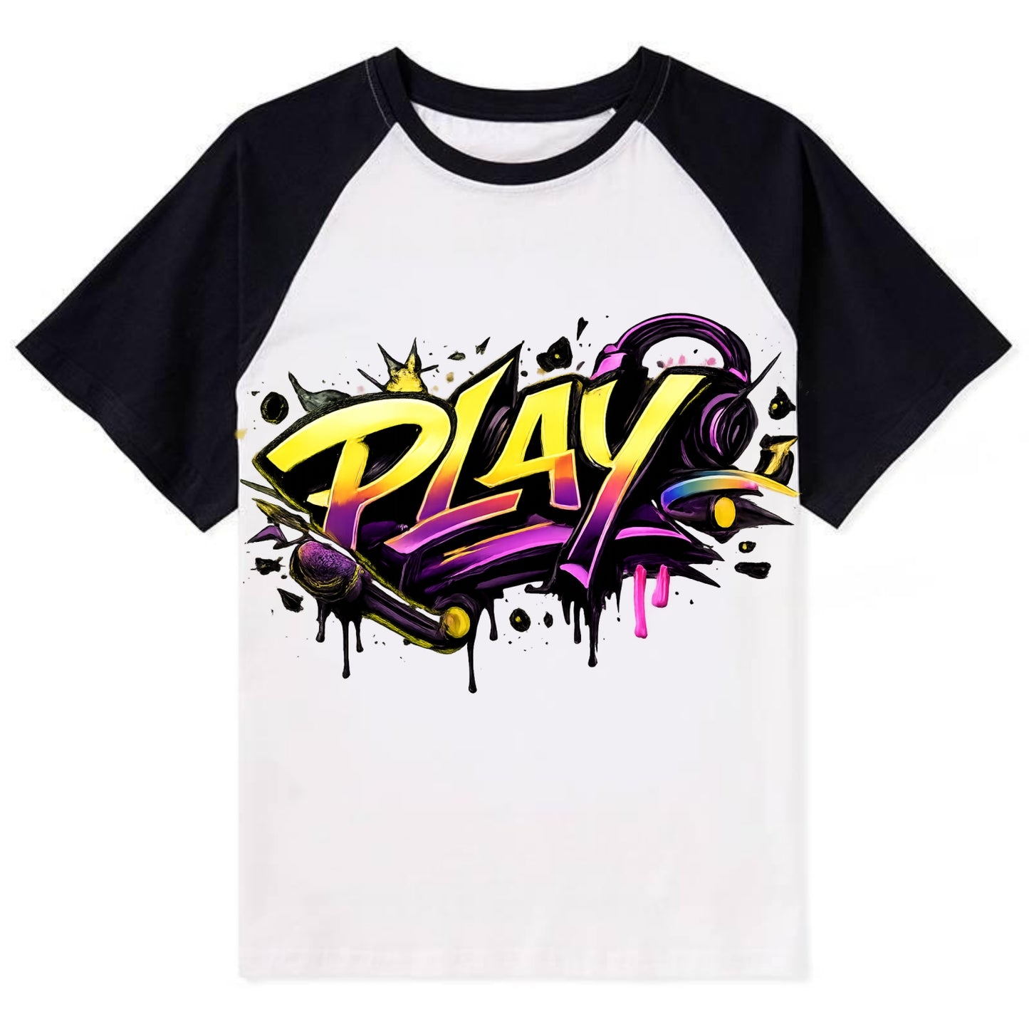Bold typography design - "PLAY" - creative expression, musical performance - Contrast Raglan T-shirt - Black