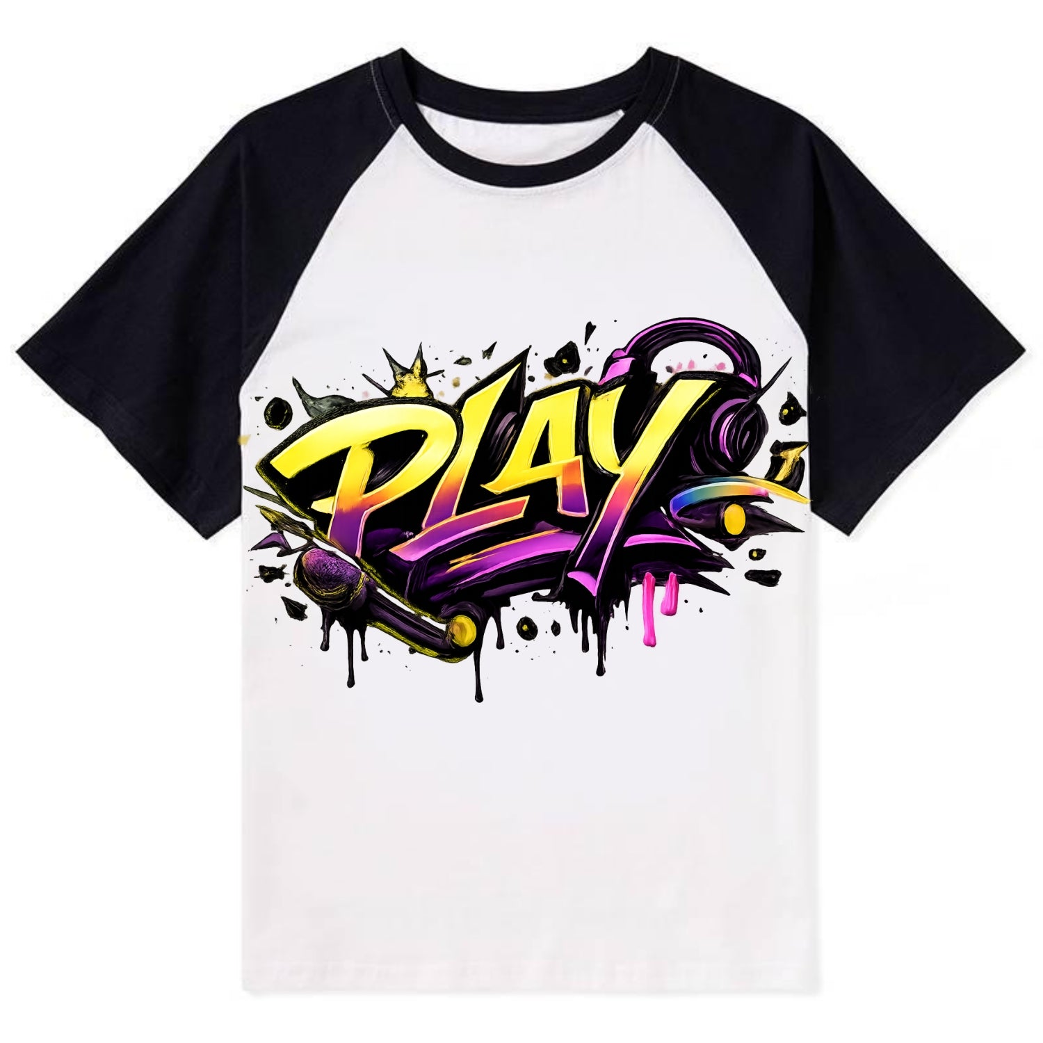 Bold typography design - "PLAY" - creative expression, musical performance - Contrast Raglan T-shirt - Black
