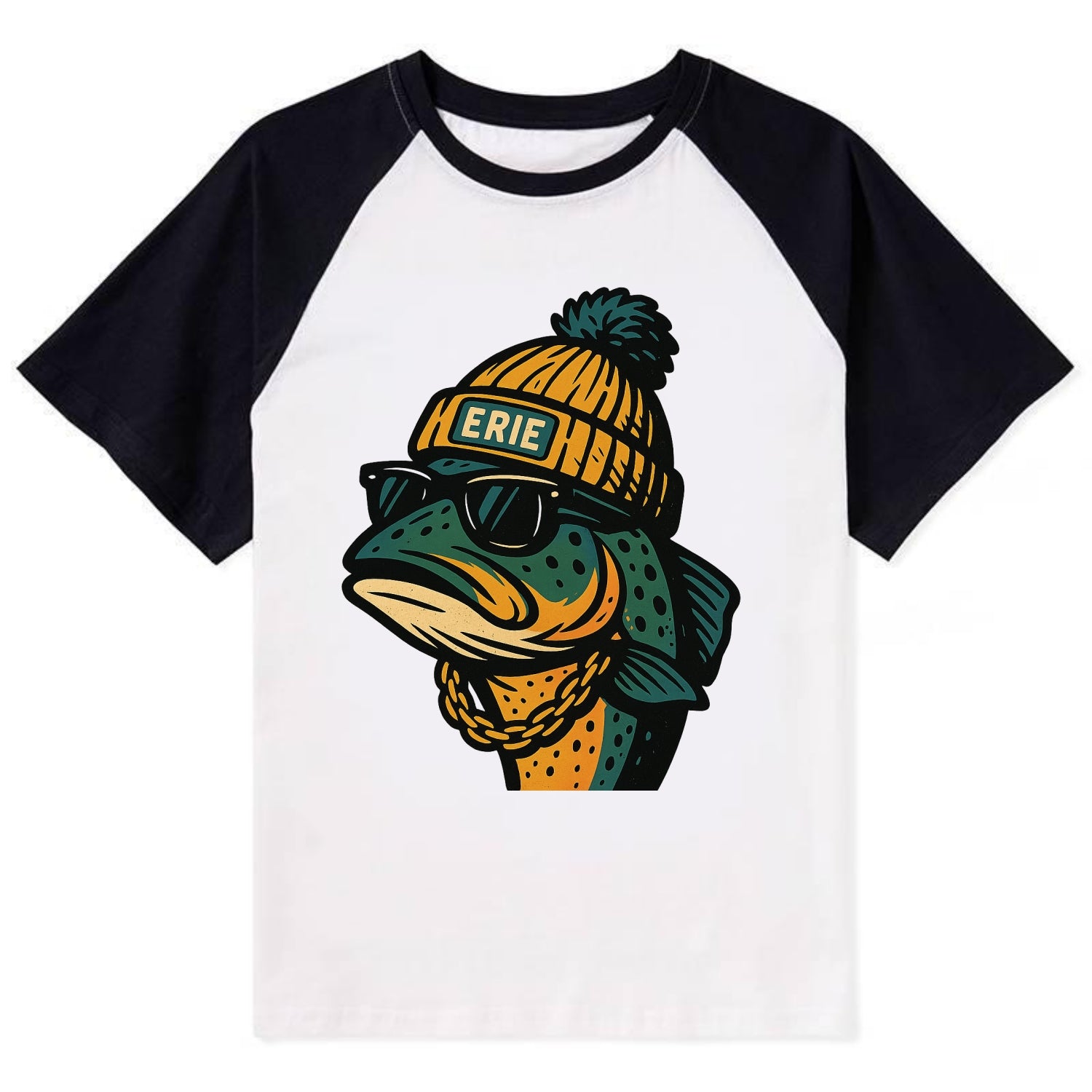 Erie Lake Trout wearing Erie beanie with pom pom and wayfarer sunglasses - Contrast Raglan T-shirt - Black