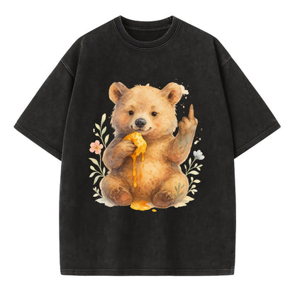 chubby bear cub eating dripping honey, sticky paw up with middle finger - Vintage T-shirt - Black