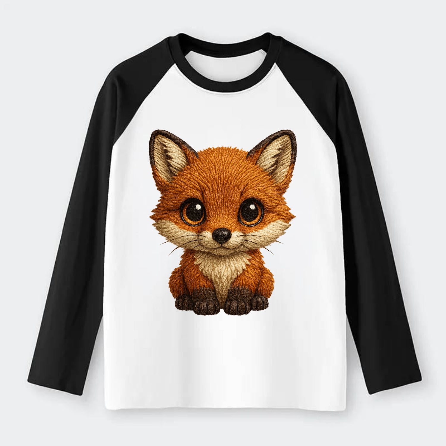 Baby Red Fox - russet fur, white chest, big amber eyes, perky ears, - Raglan Long Sleeve T-Shirt - Black