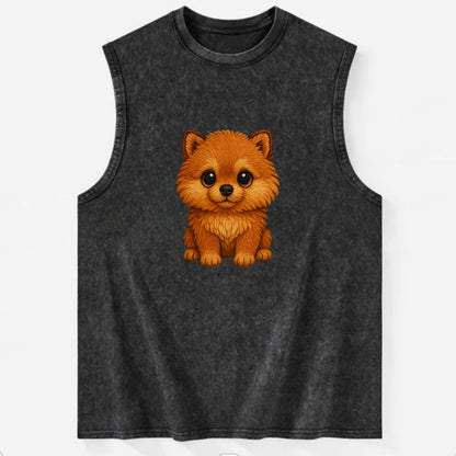 Baby Pomeranian Puppy - fluffy orange ball, fox face, tiny body, bright eyes, - Vintage Washed Tank - Black