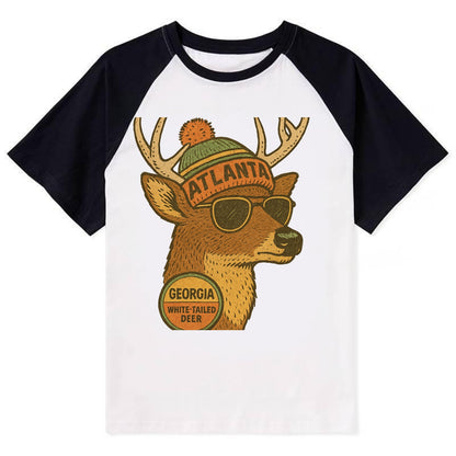Georgia White-tailed Deer wearing Atlanta beanie with pom pom and - Contrast Raglan T-shirt - Black
