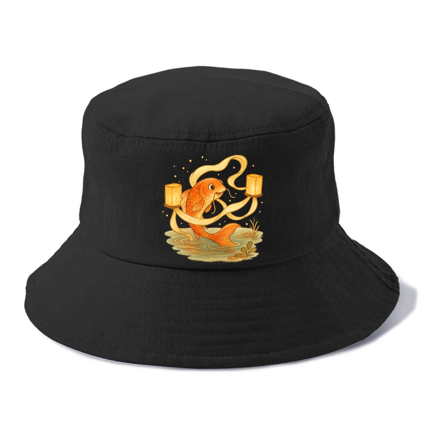 Koi weaving silk streamers through floating lanterns on tranquil water - Bucket Hat - Black