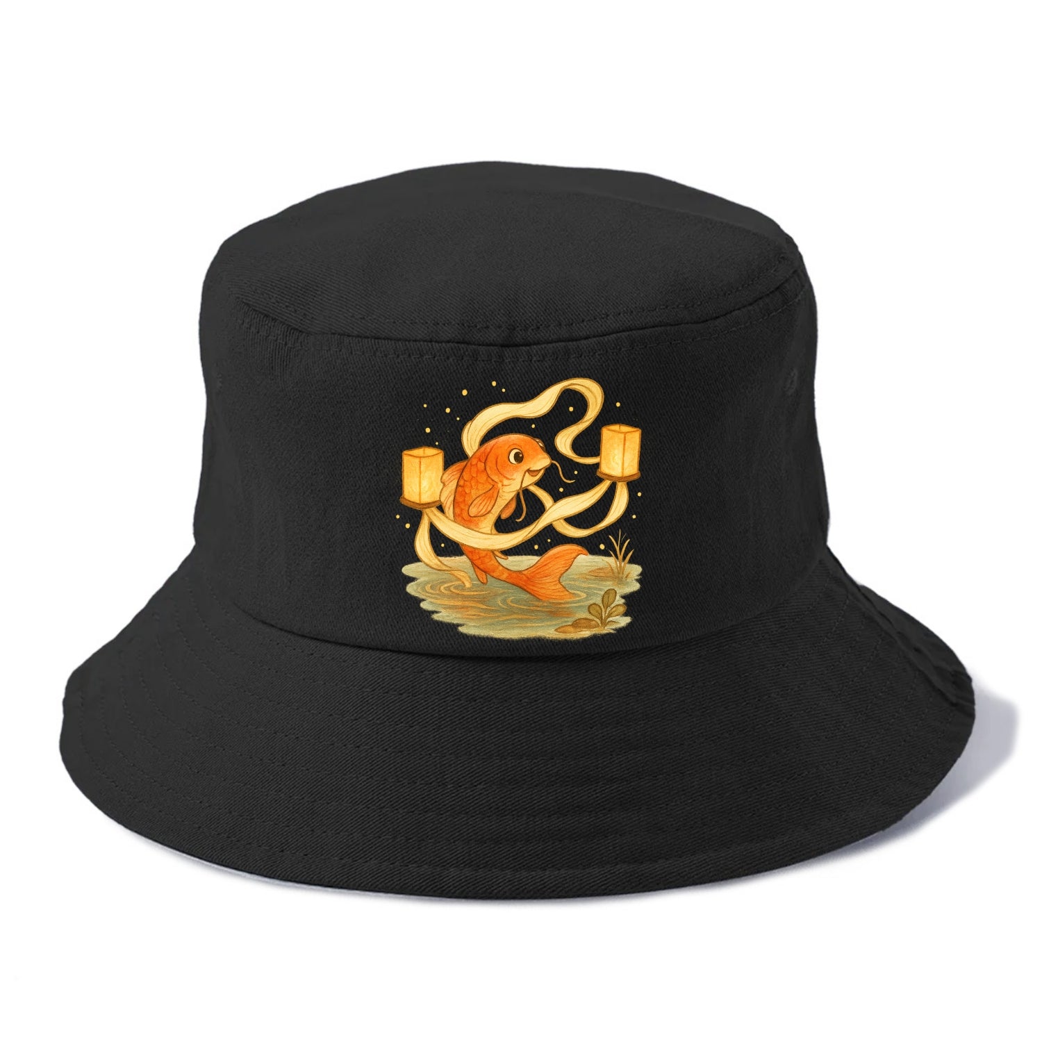 Koi weaving silk streamers through floating lanterns on tranquil water - Bucket Hat - Black