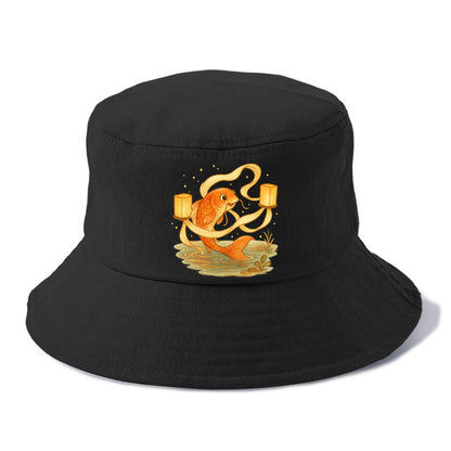 Koi weaving silk streamers through floating lanterns on tranquil water - Bucket Hat - Black