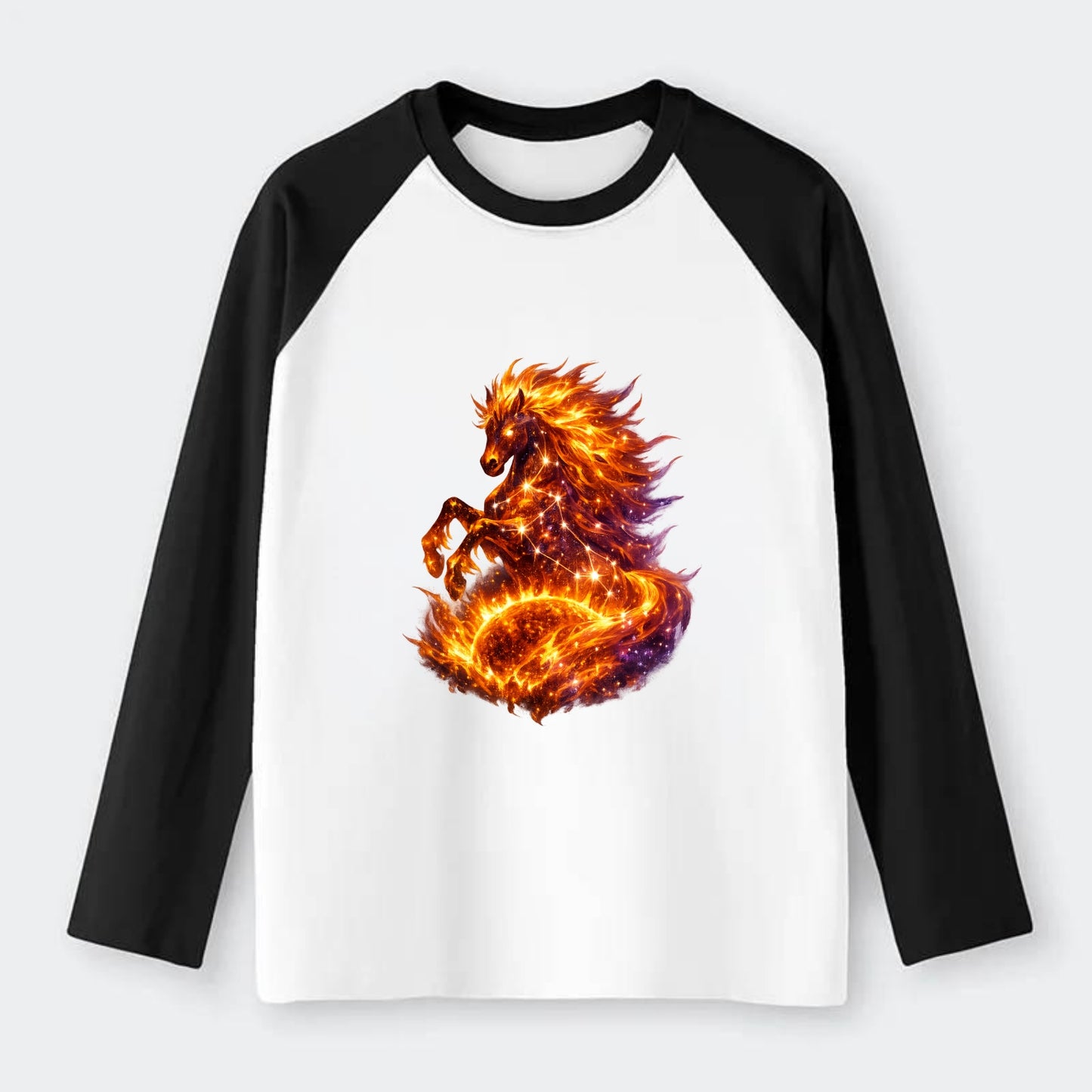 SOLAR FLARE | Horse emerging from the sun | Solar corona mane | Star - Raglan Long Sleeve T-Shirt - Black