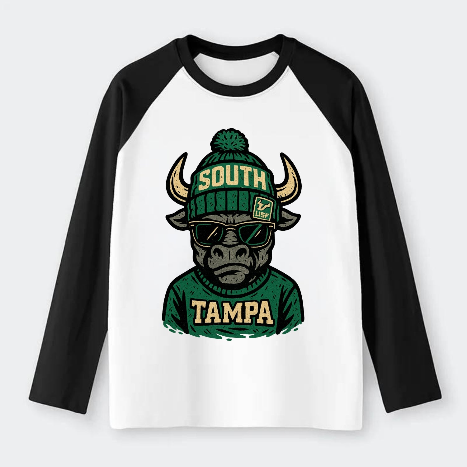Tampa Bull wearing South Florida beanie with USF patch - Raglan Long Sleeve T-Shirt - Black
