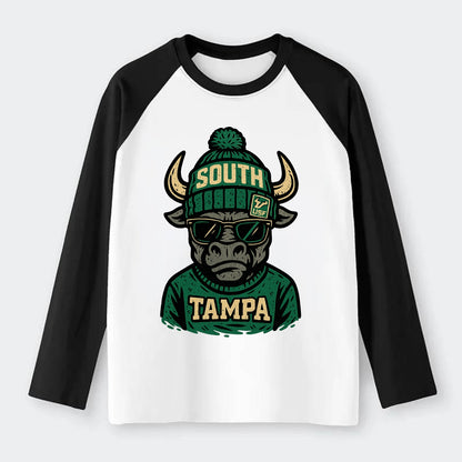 Tampa Bull wearing South Florida beanie with USF patch - Raglan Long Sleeve T-Shirt - Black