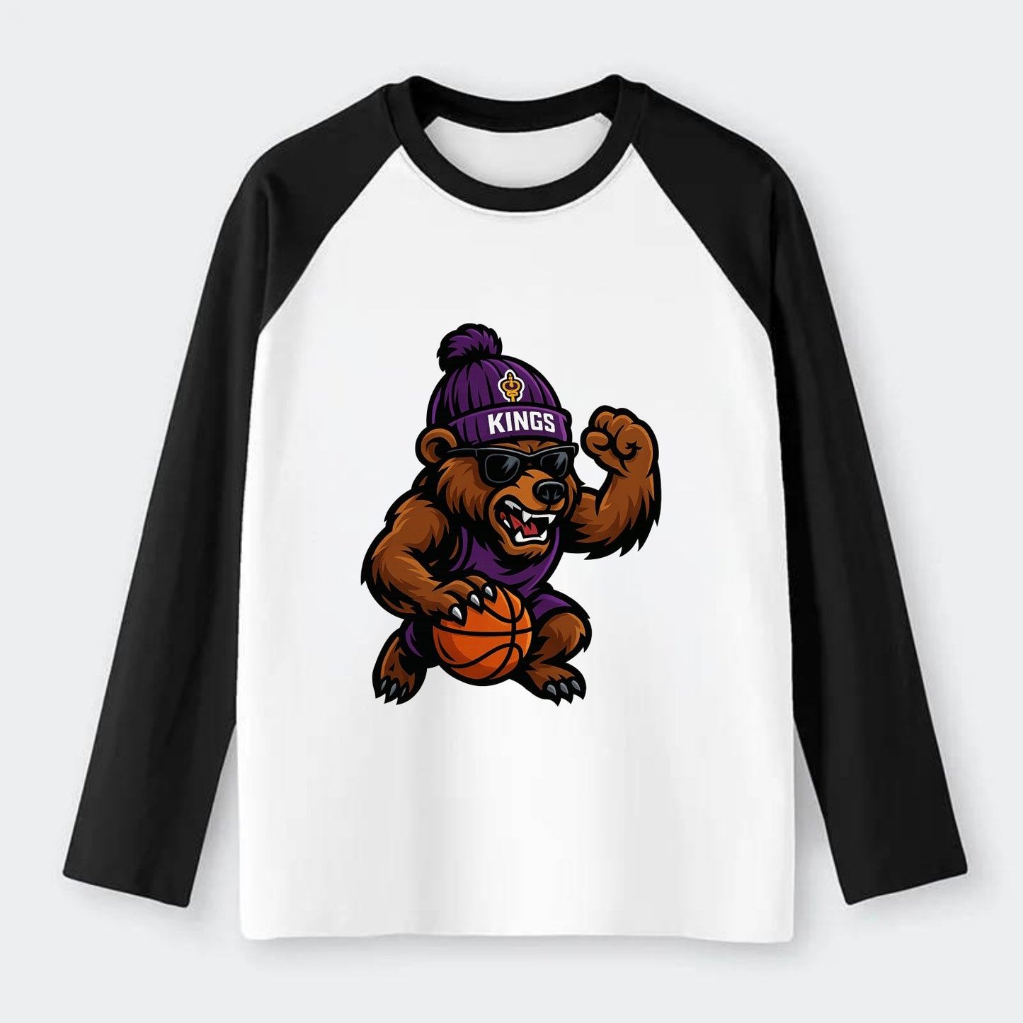 California Grizzly wearing Kings beanie with royal scepter patch and - Raglan Long Sleeve T-Shirt - Black