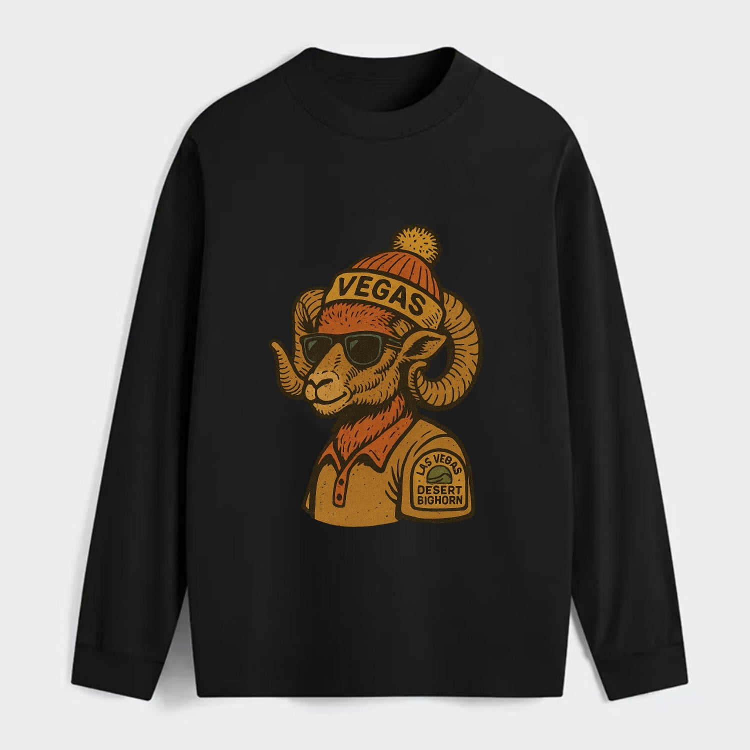 Las Vegas Desert Bighorn wearing Vegas beanie with pom pom and wayfarer - Classic Long Sleeve Shirt - Black
