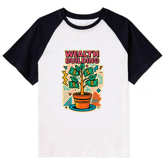 Money tree growing from investment pot - financial independence journey, - Contrast Raglan T-shirt - Black
