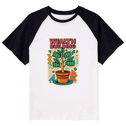 Money tree growing from investment pot - financial independence journey, - Contrast Raglan T-shirt